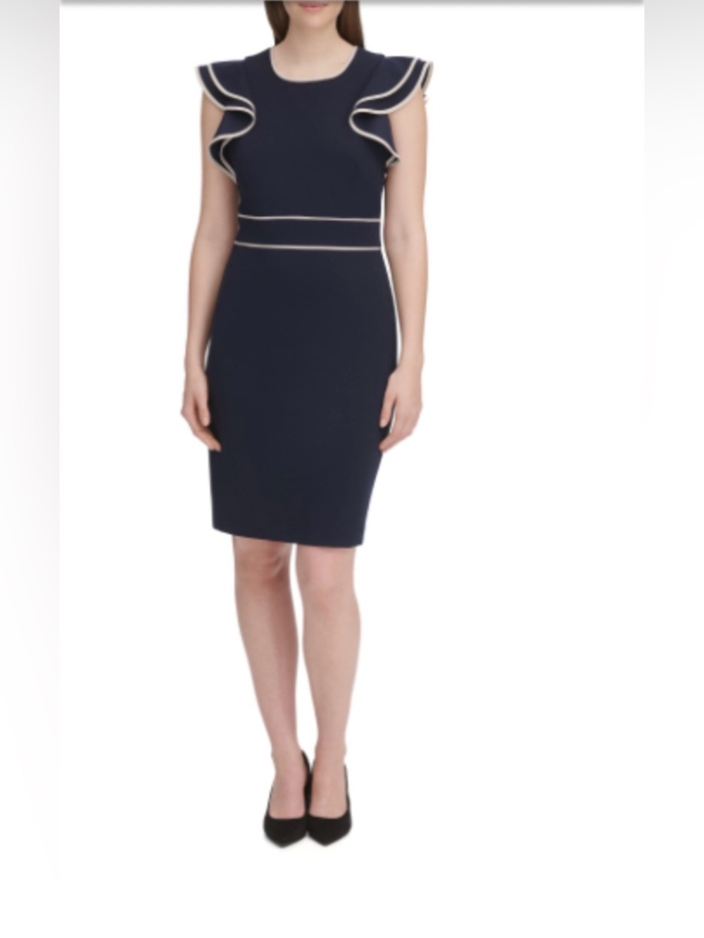 Tommy Hilfiger Navy Midi Dress with White Trim and Ruffle Sleeves